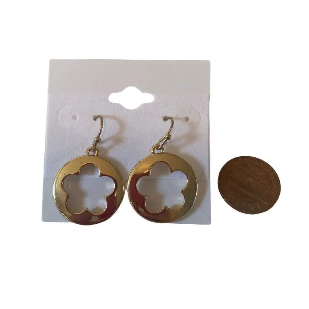 Liz Claiborne Open Flower Gold Tone Drop Earrings.